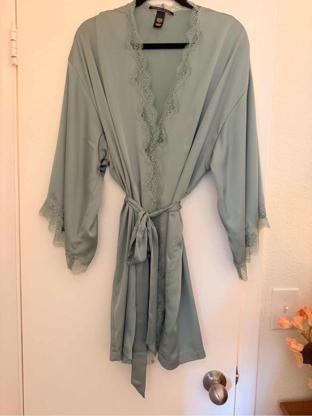 Silky Lace-Trim Robe - dusty blue